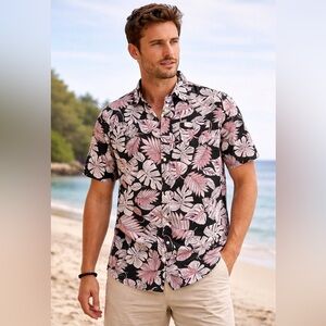 Pink and Grey Tropical Leaf Print Men's Shirt Size Large